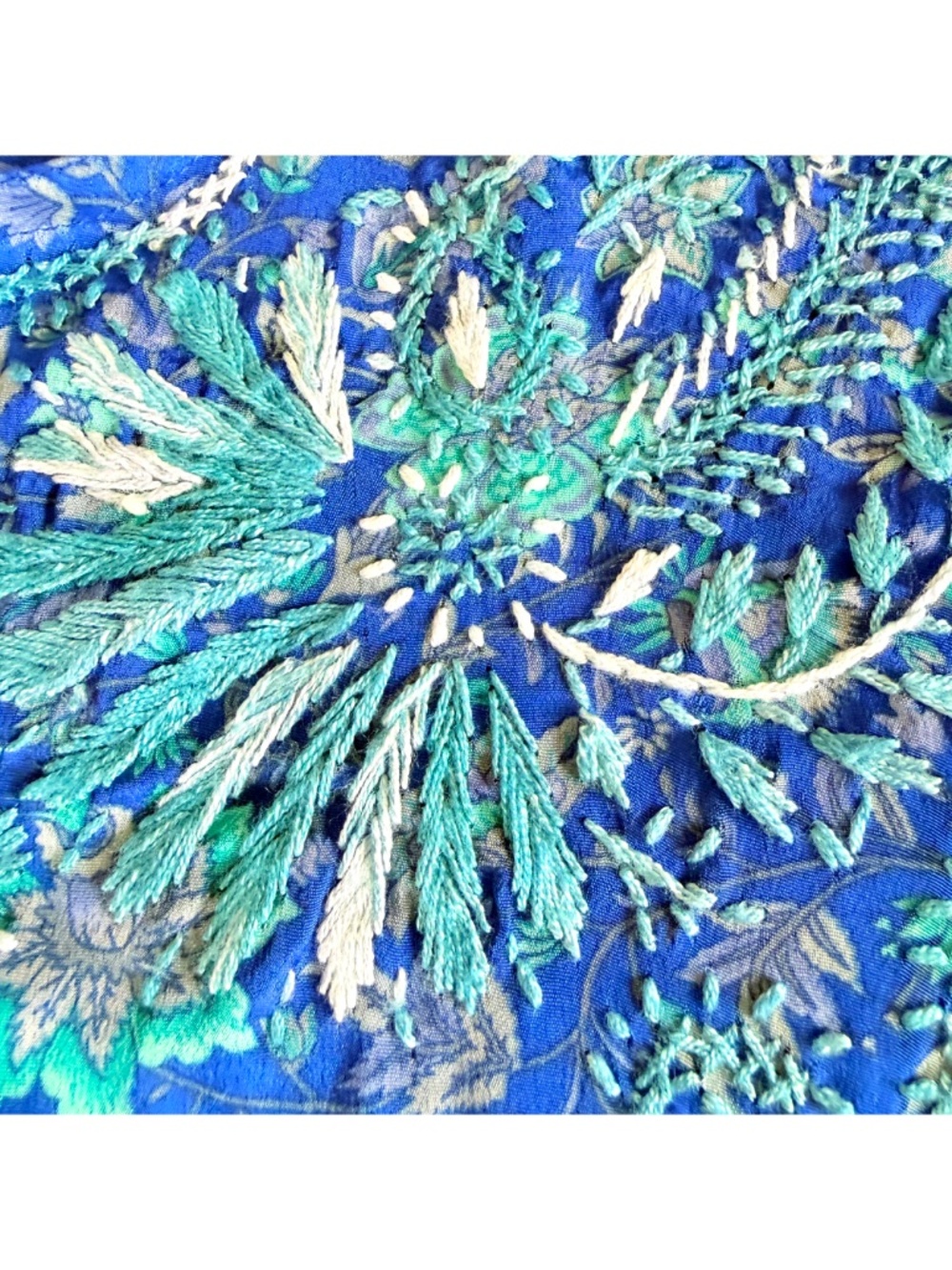 Dolma Blue 100% Silk Floral Embroidered Boho Coastal Resortwear Tunic XL - Picture 12 of 17